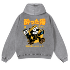 Drunken Cat Vintage Washed Cotton Back Art Hoodie