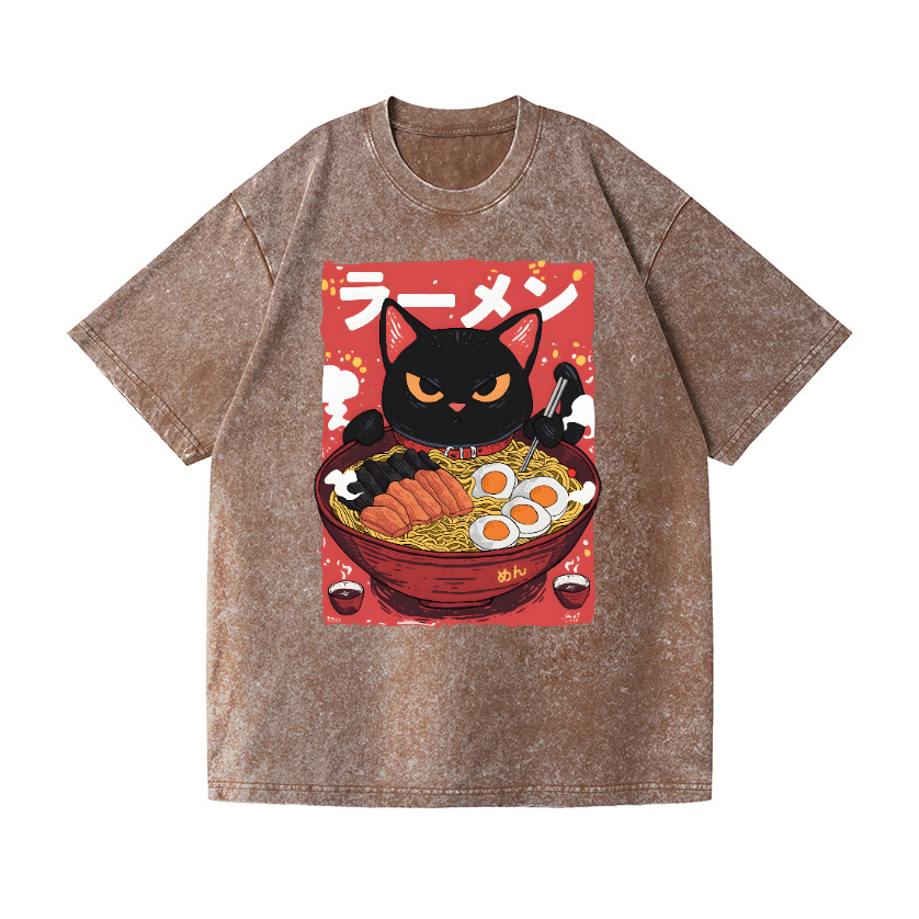 Ramen Black Cat Vintage Wash Japanese Design T-Shirt