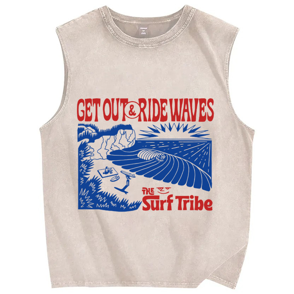 Unisex Vintage Beach Sea Wave Printed Washed Tank Top