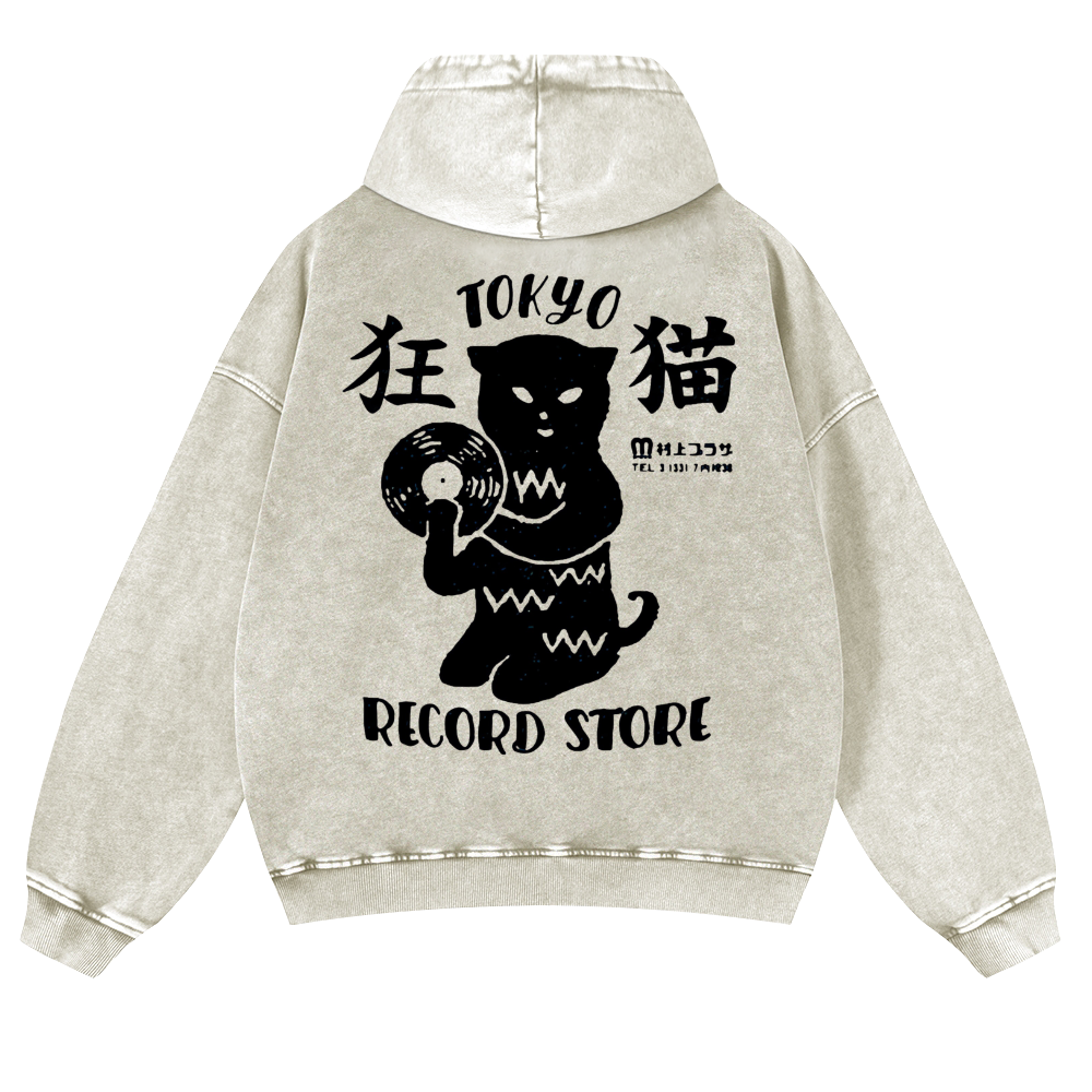 Tokyo Cat Vintage Washed Cotton Back Art Hoodie