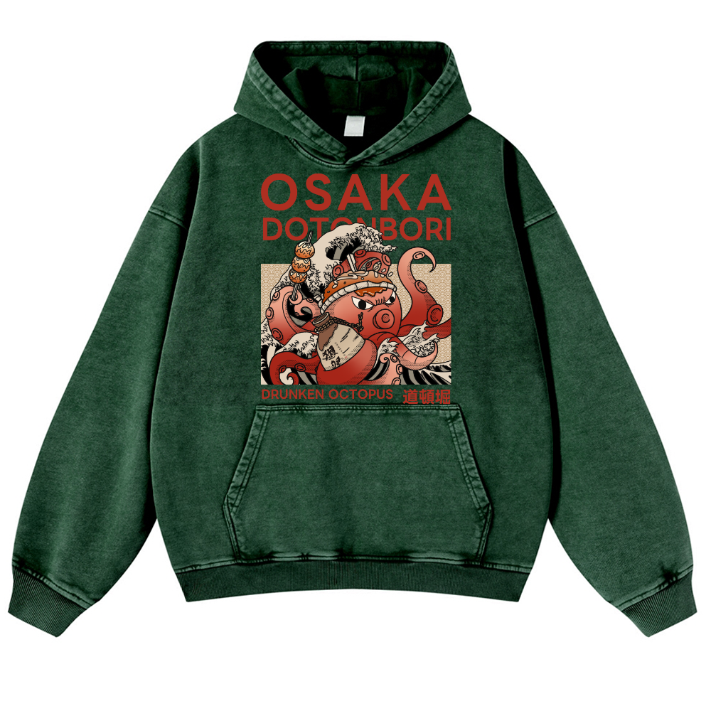 Osaka Dotonbori Drunken Octopus Vintage Washed Thick Cotton Hoodie