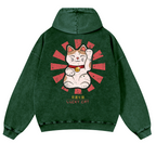 Lucky Cat Vintage Washed Cotton Back Art Hoodie