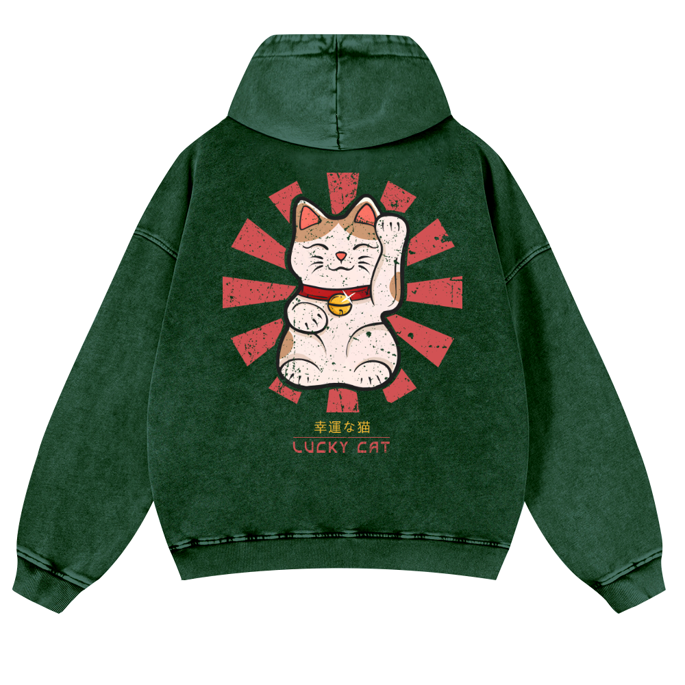 Lucky Cat Vintage Washed Cotton Back Art Hoodie