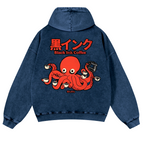 Black Ink Coffee Octopus Vintage Washed Cotton Back Art Hoodie