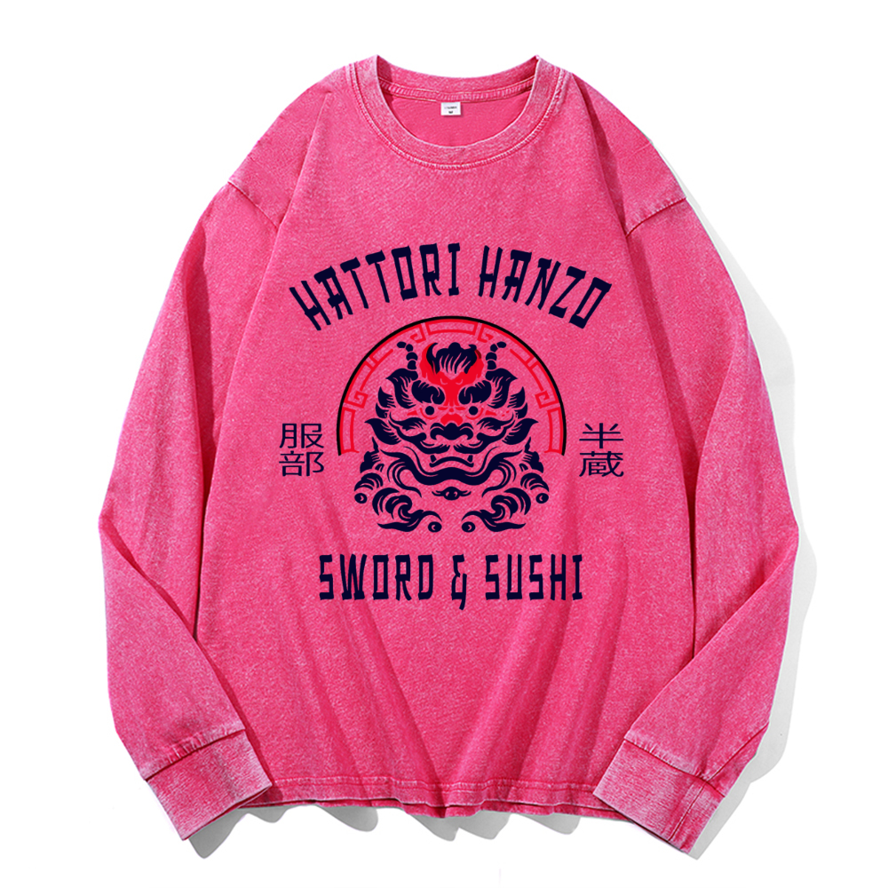 Unisex Hattori Hanzo Komainu Vintage Cotton Wash Crewneck Long-Sleeve T-Shirt