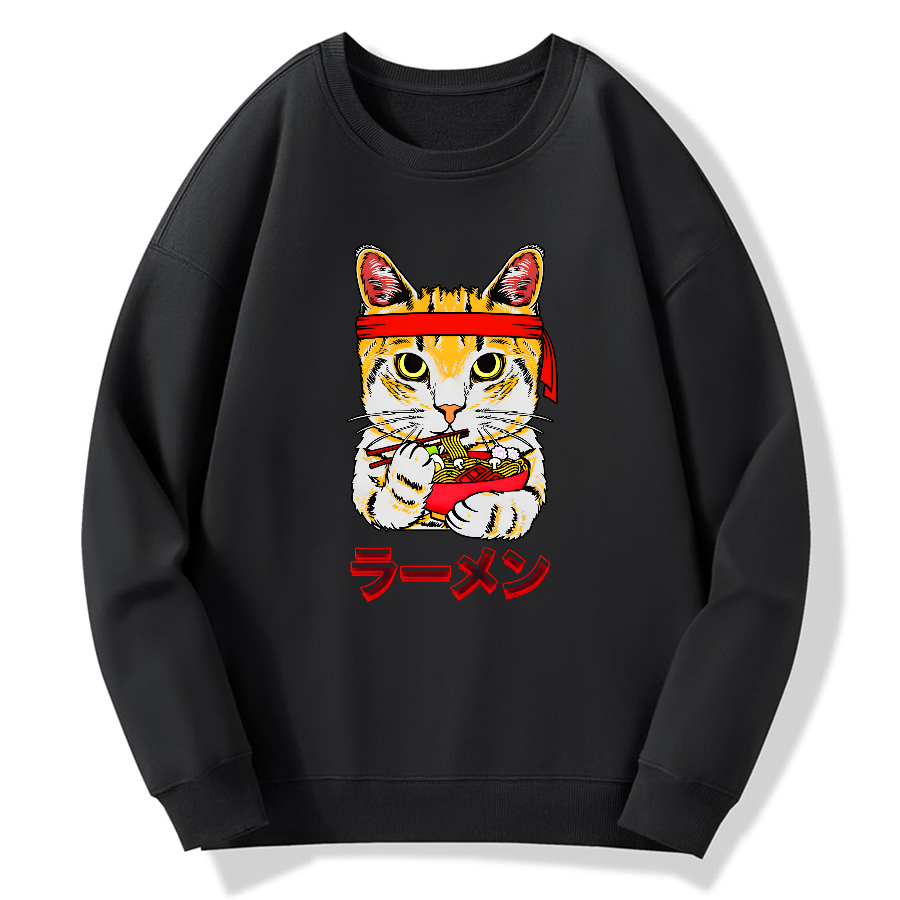 Cat Lamian Noodles Japan Cotton Pullover Sweatshirt