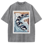 Unisex Gliding Penguin Stamp Washed T-Shirt