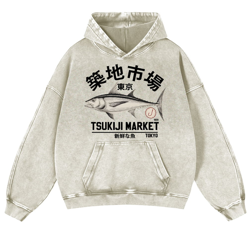 Tsukiji Tuna Fish Market Vintage Washed Thick Cotton Hoodie