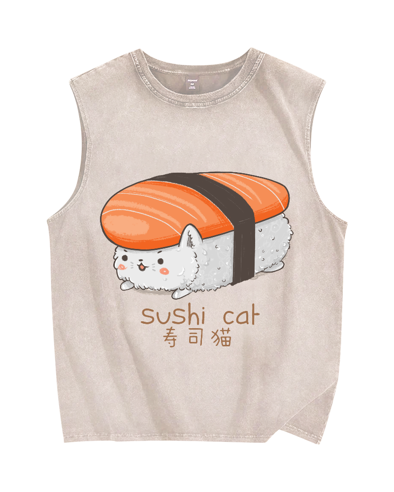 Sushi Cat Vintage Distressed Washed Tank Top