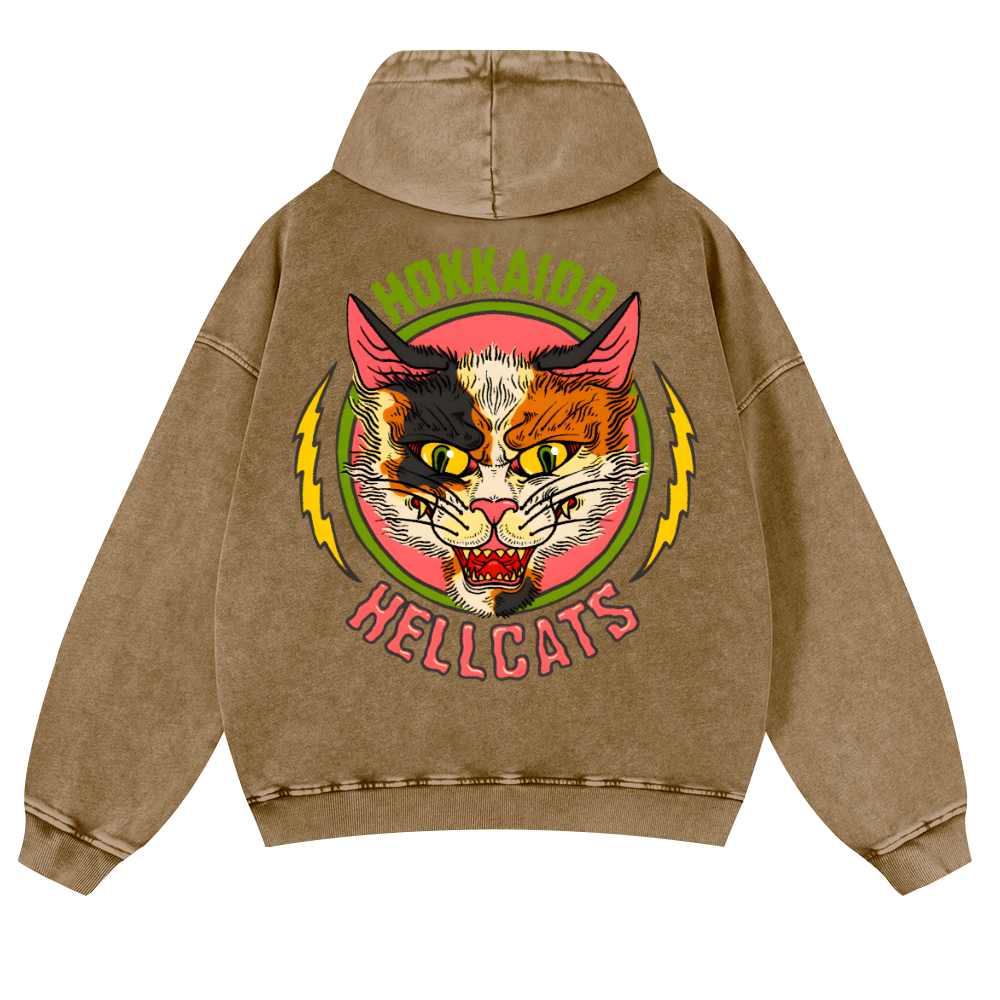 Hokkaido Hellcats Cat Vintage Washed Cotton Back Art Hoodie