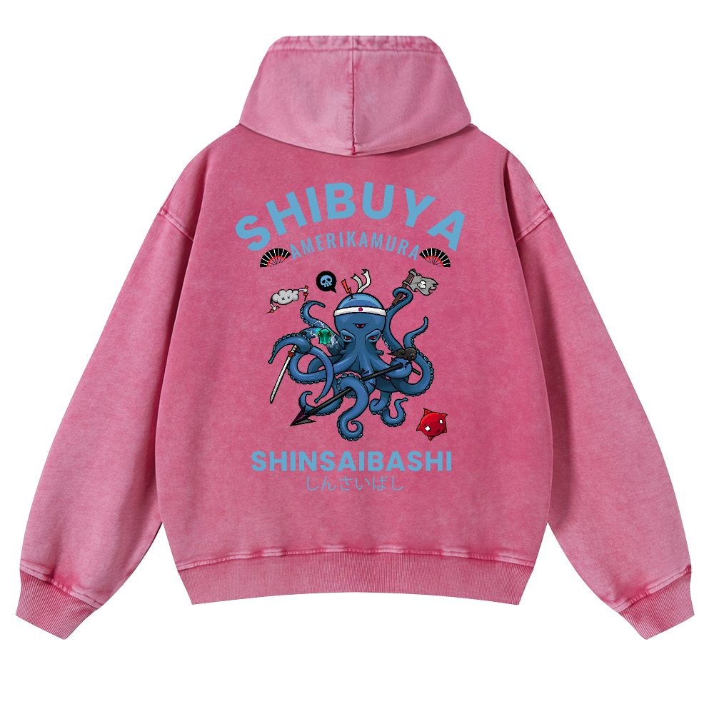 Shibuya Octopus Vintage Washed Cotton Back Art Hoodie