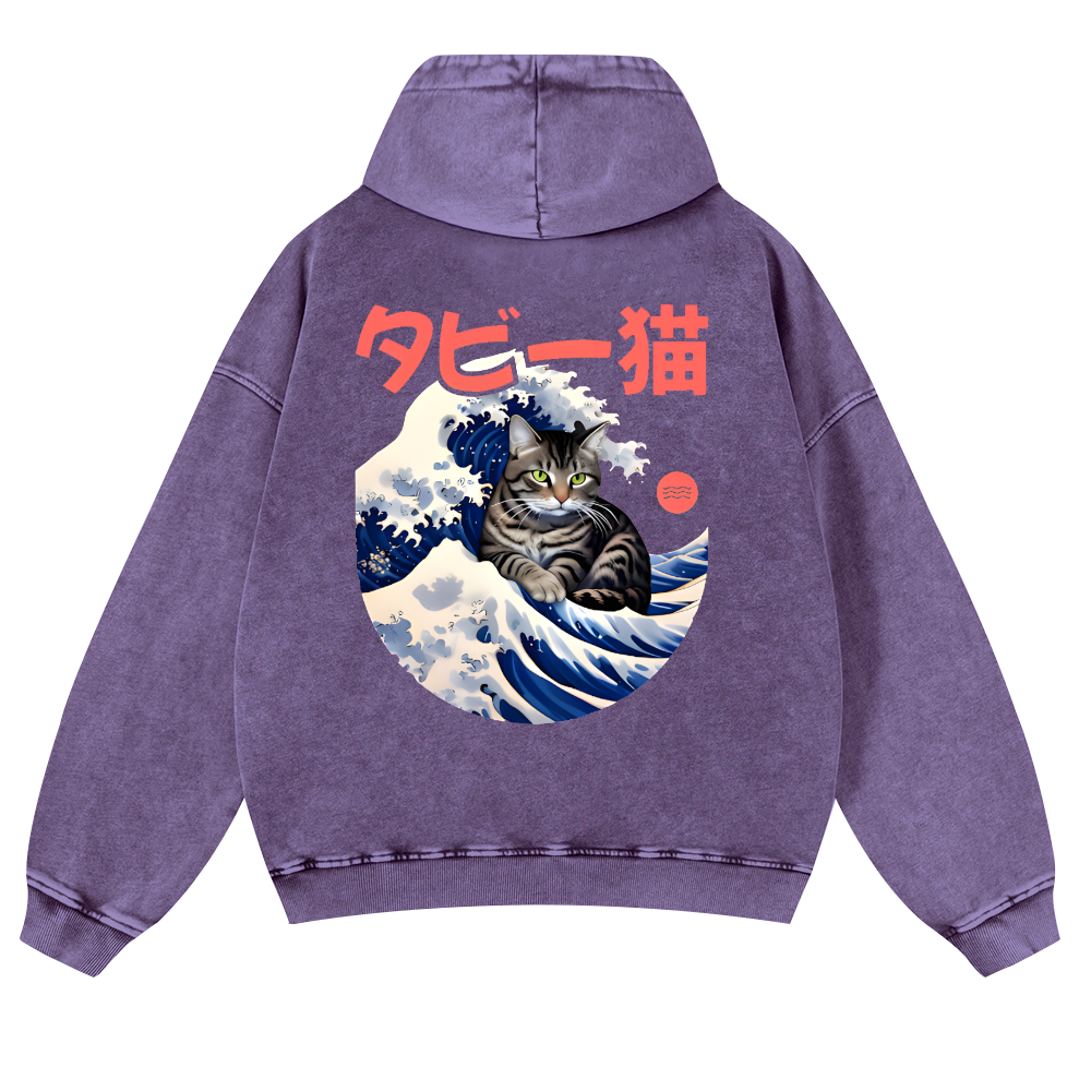 Cat Wave Vintage Washed Cotton Back Art Hoodie