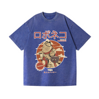 Cat Robot Vintage Wash Japanese Design T-Shirt