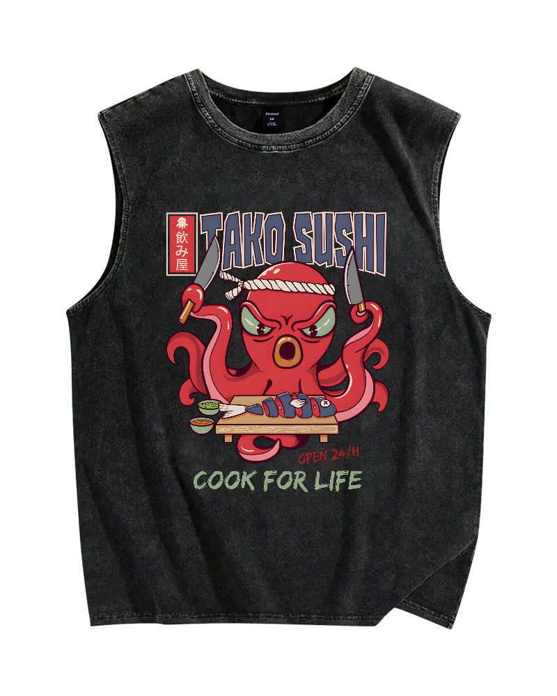 Tako Sushi Octopus Vintage Distressed Washed Tank Top