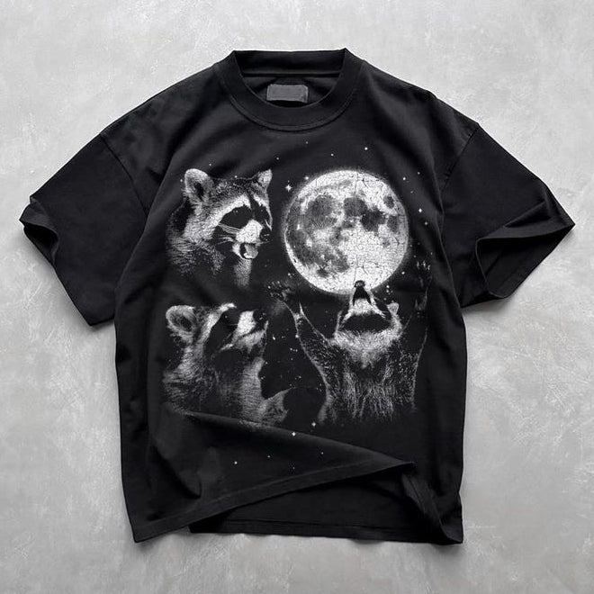 Unisex Raccoon Moon Printed Washed Tee