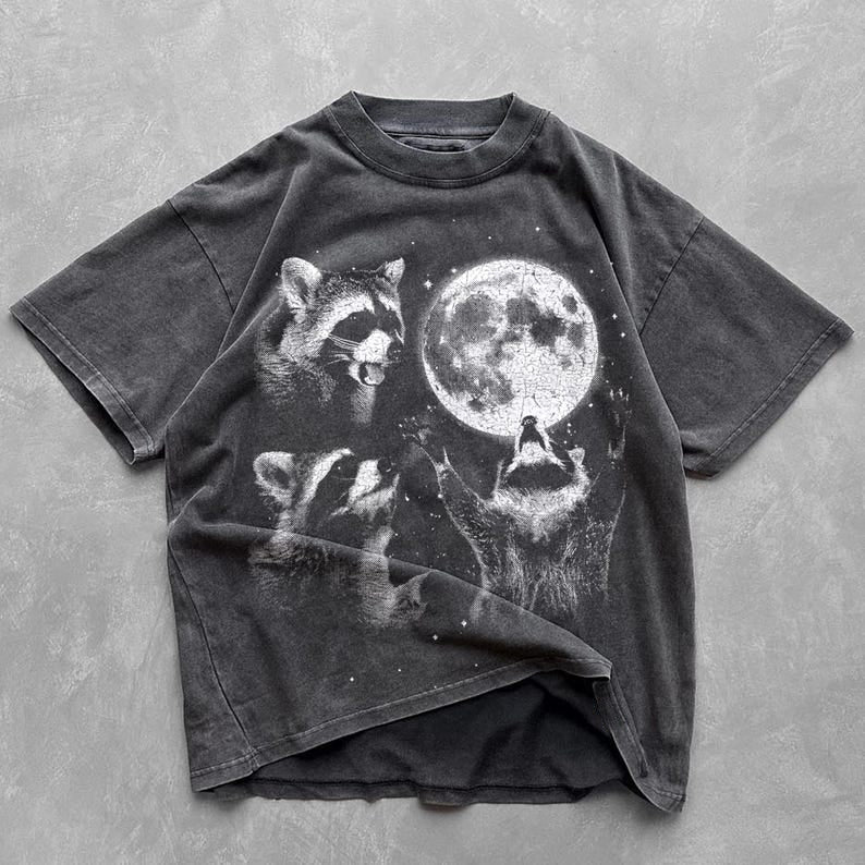 Unisex Raccoon Moon Printed Washed Tee