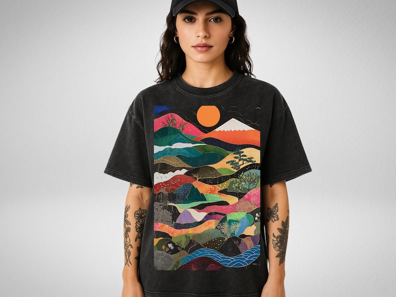 Japanese Waves Mountains Oversize Snow Washed T-Shirt