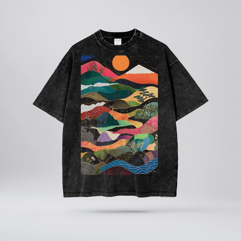 Japanese Waves Mountains Oversize Snow Washed T-Shirt