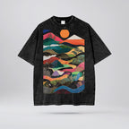 Japanese Waves Mountains Oversize Snow Washed T-Shirt