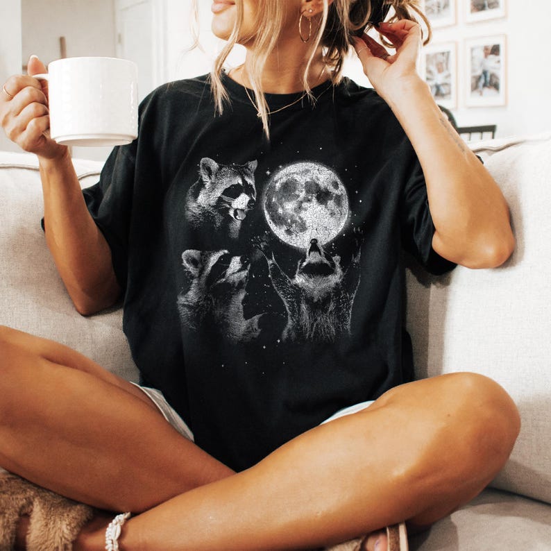 Unisex Raccoon Moon Printed Washed Tee