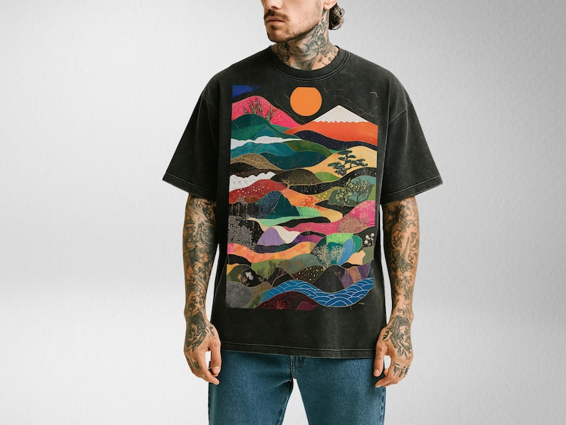 Japanese Waves Mountains Oversize Snow Washed T-Shirt