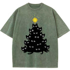 Black Cat Christmas Tree Washed T-Shirt
