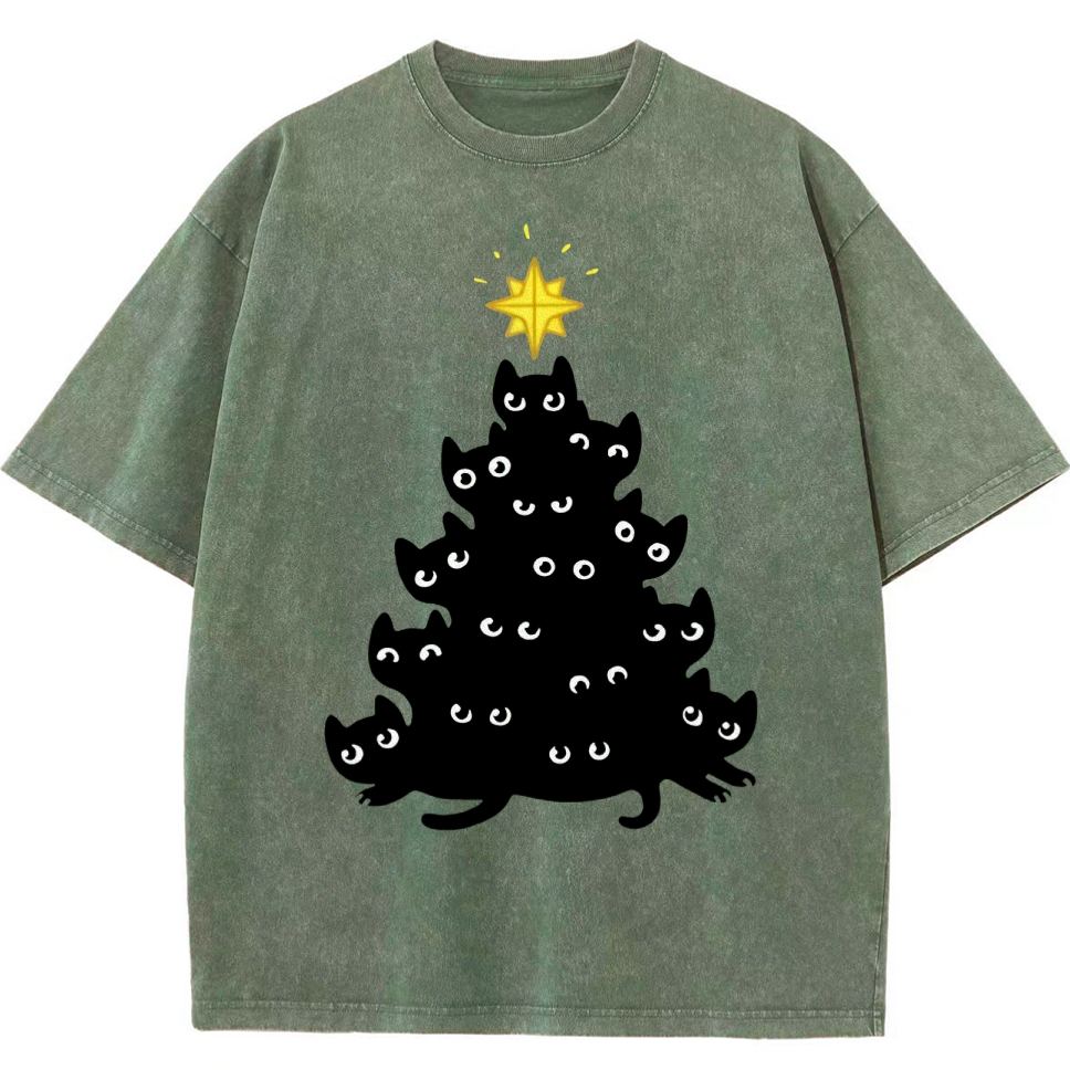 Black Cat Christmas Tree Washed T-Shirt