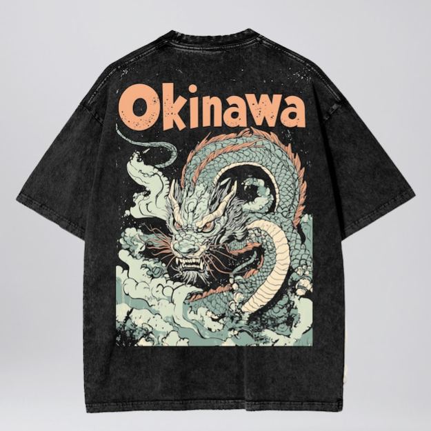 UNISEX Okinawa Japanese Dragon Oversize Snow Washed T-Shirt