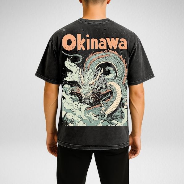 UNISEX Okinawa Japanese Dragon Oversize Snow Washed T-Shirt