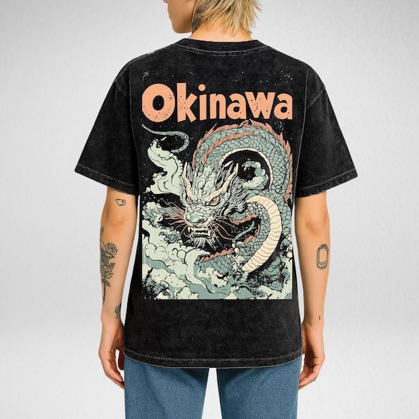 UNISEX Okinawa Japanese Dragon Oversize Snow Washed T-Shirt