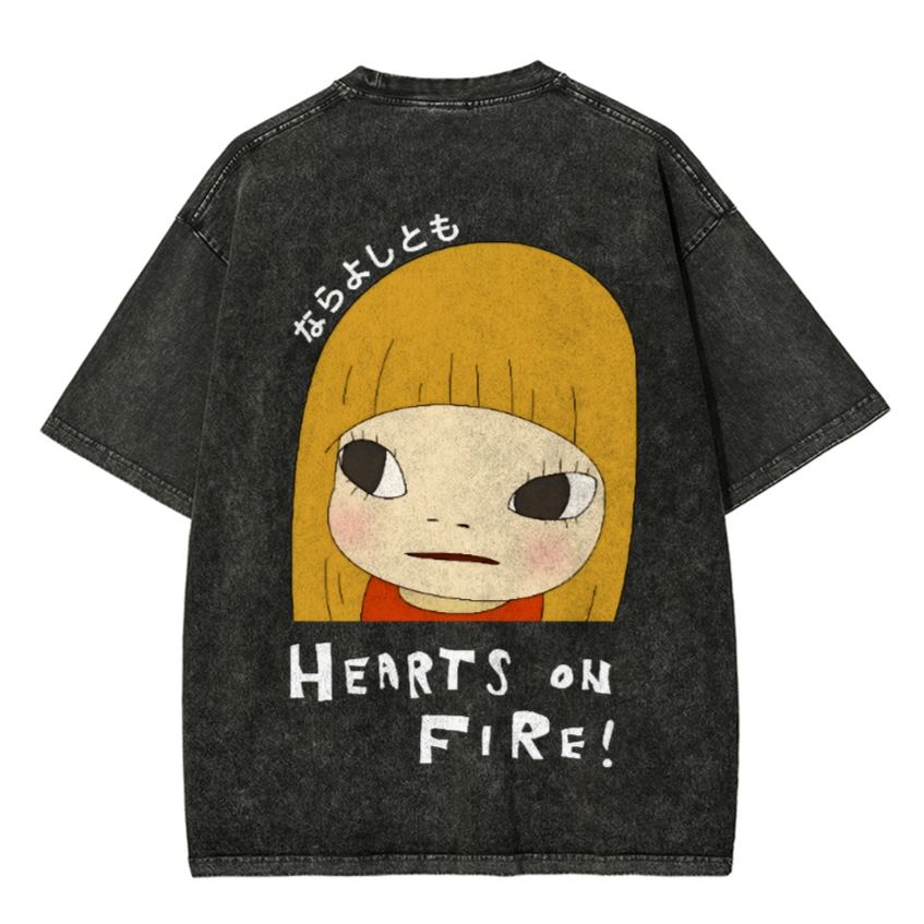 Unisex Yoshitomo Nara Vintage Wash Japanese Design Front And Back Printing Washed T-shirt