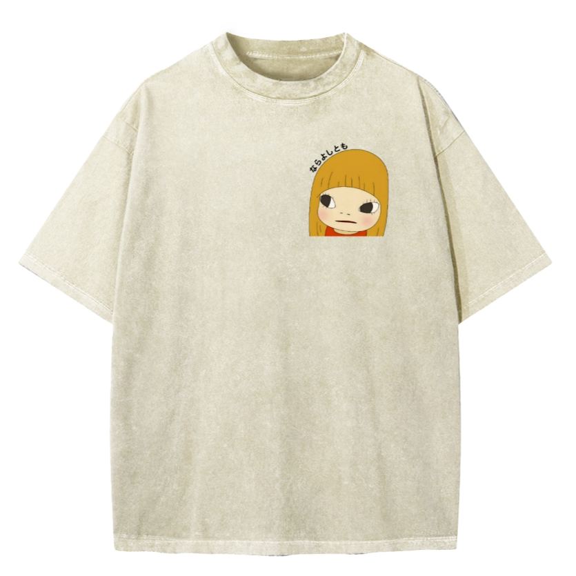 Unisex Yoshitomo Nara Vintage Wash Japanese Design Front And Back Printing Washed T-shirt