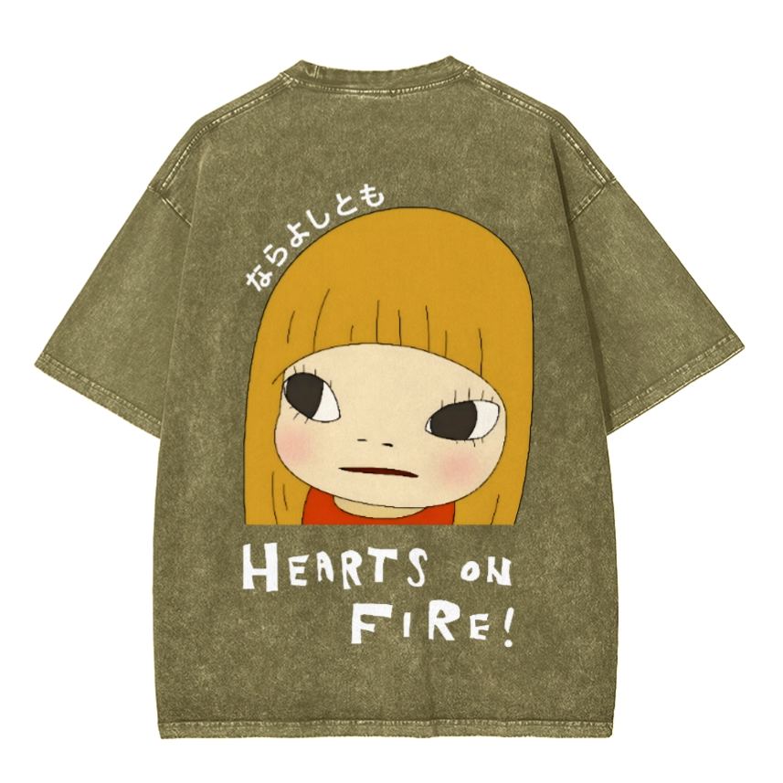 Unisex Yoshitomo Nara Vintage Wash Japanese Design Front And Back Printing Washed T-shirt
