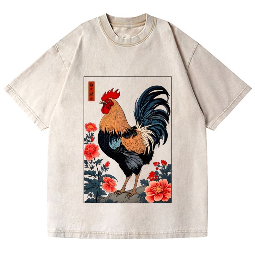 Rooster Vintage Wash Japanese Design T-Shirt