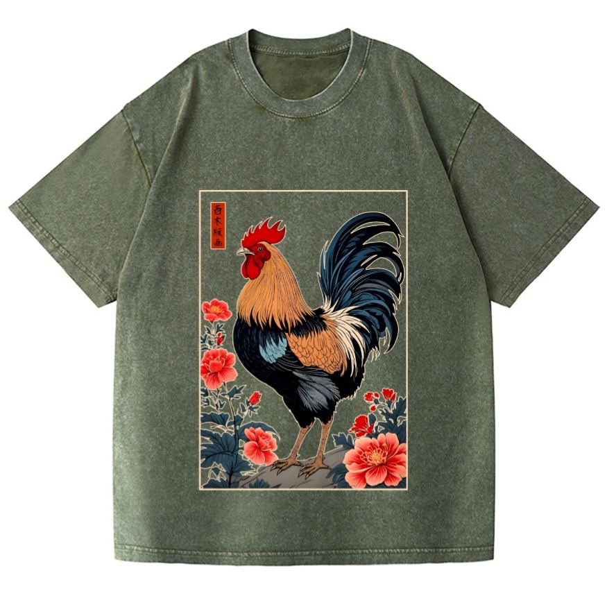 Rooster Vintage Wash Japanese Design T-Shirt