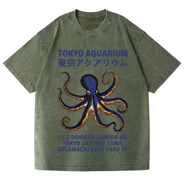Unisex Tokyo Aquarium Octopus Vintage Wash Japanese Design T-Shirt