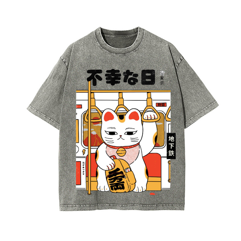 Unlucky Day Cat Vintage Wash Japanese Design T-Shirt