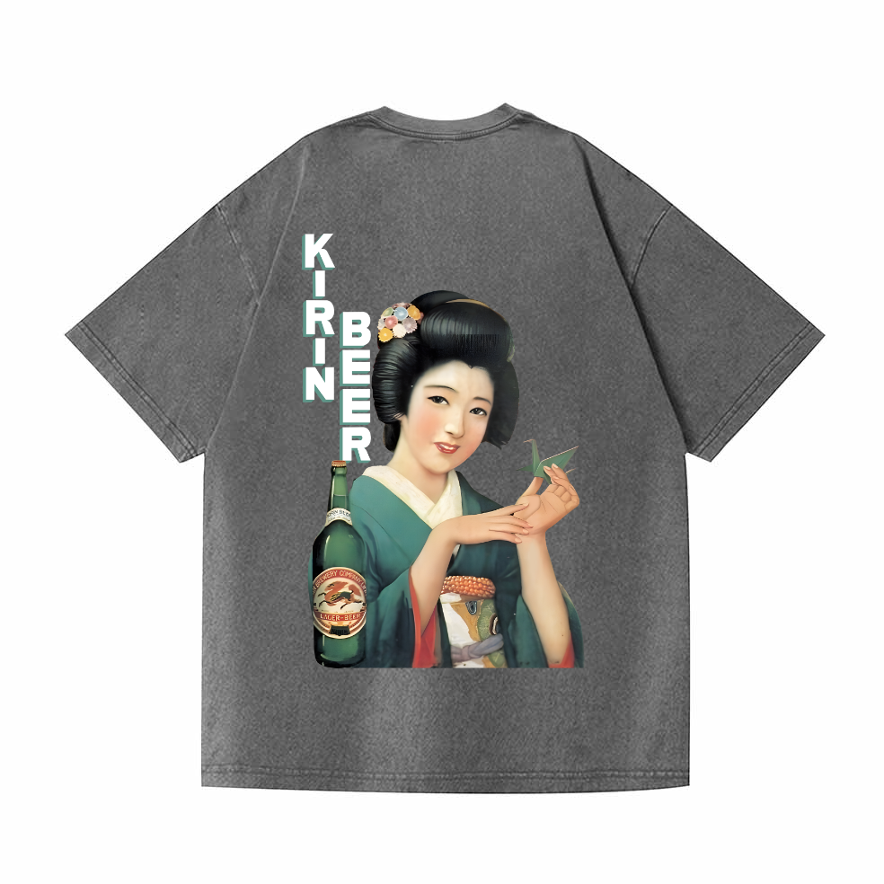 Kirin Beer Vintage Wash Japanese Design Back Art T-Shirt