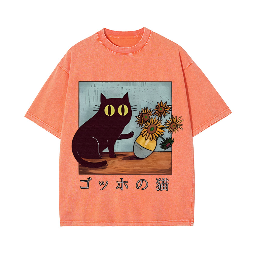 Cat Vincent Van Gogh Vintage Wash Japanese Design T-Shirt