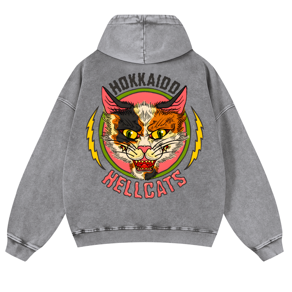 Hokkaido Hellcats Cat Vintage Washed Cotton Back Art Hoodie