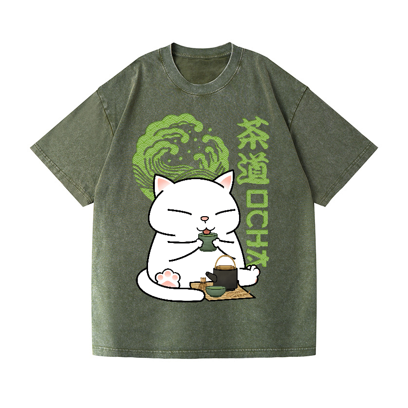 Tea Cat Vintage Wash Japanese Design T-Shirt