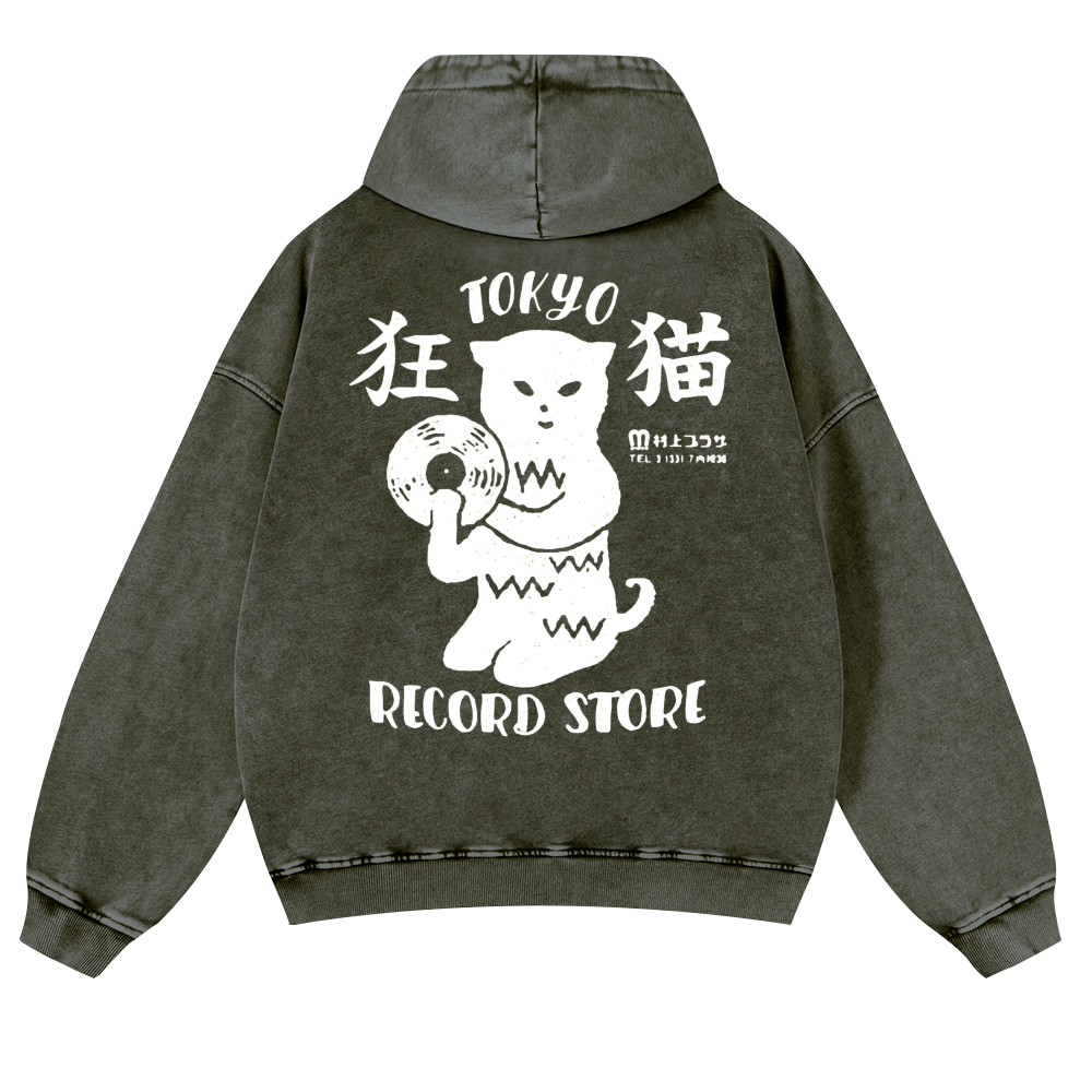 Tokyo Cat Vintage Washed Cotton Back Art Hoodie