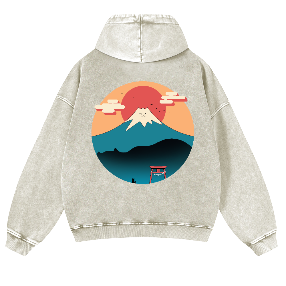 Cat Mount Fuji Vintage Washed Cotton Back Art Hoodie