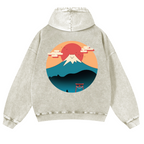 Cat Mount Fuji Vintage Washed Cotton Back Art Hoodie