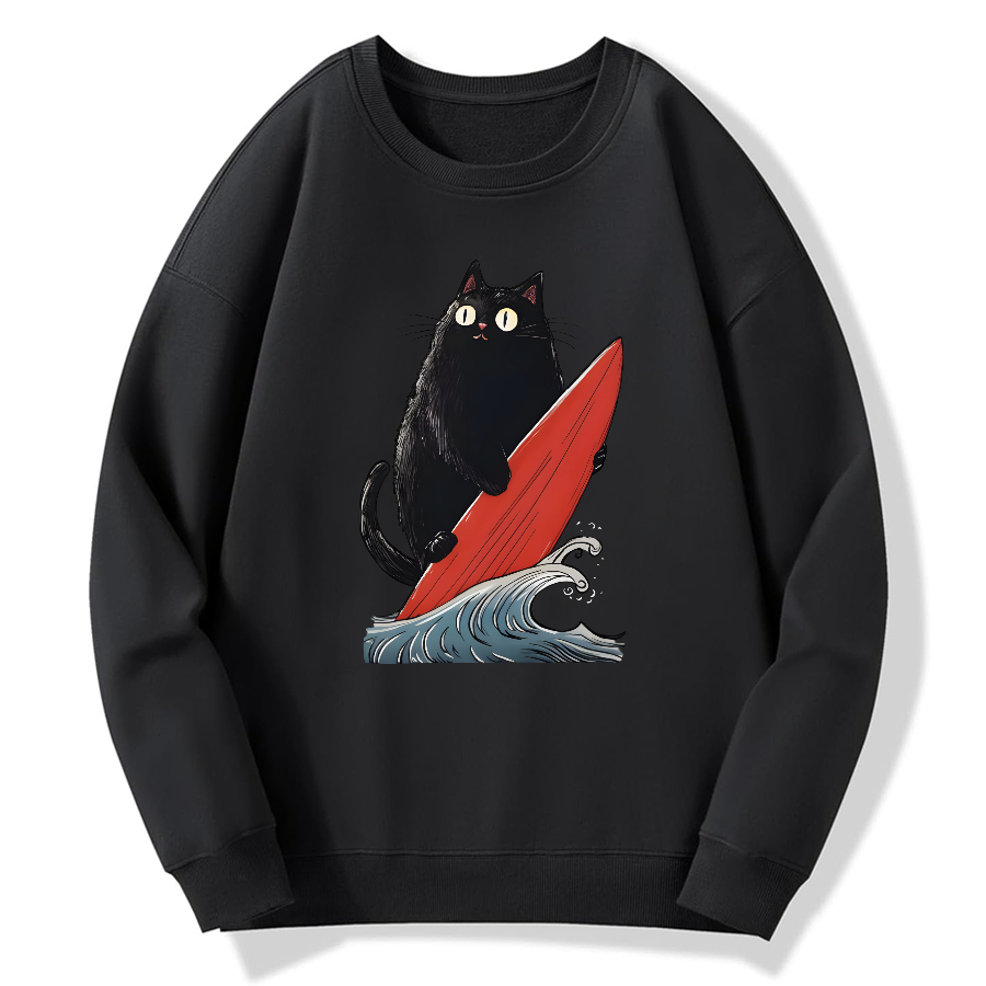 Black Cat Surfer Cotton Pullover Sweatshirt