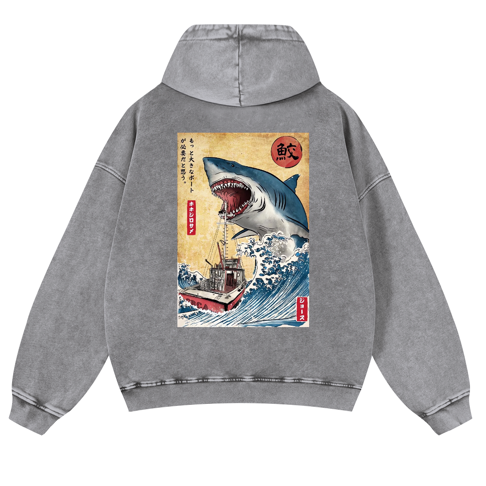 Shark Ukiyoe Vintage Washed Cotton Back Art Hoodie