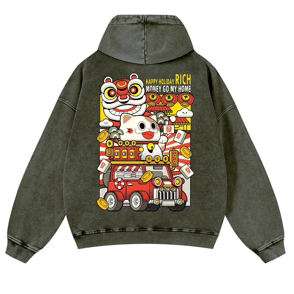 Cat Vintage Washed Cotton Back Art Hoodie