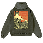 Cat Wave Vintage Washed Cotton Back Art Hoodie