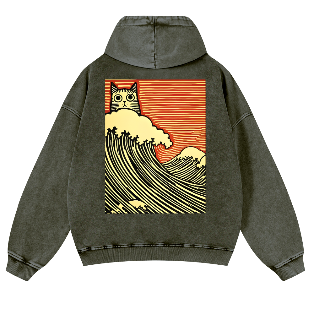 Cat Wave Vintage Washed Cotton Back Art Hoodie