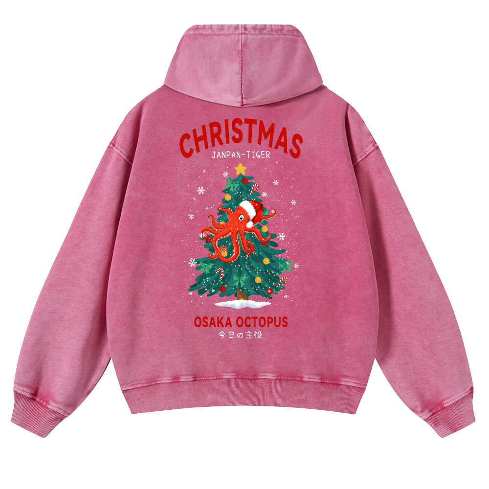 Christmas Osaka Octopus Vintage Washed Cotton Back Art Hoodie